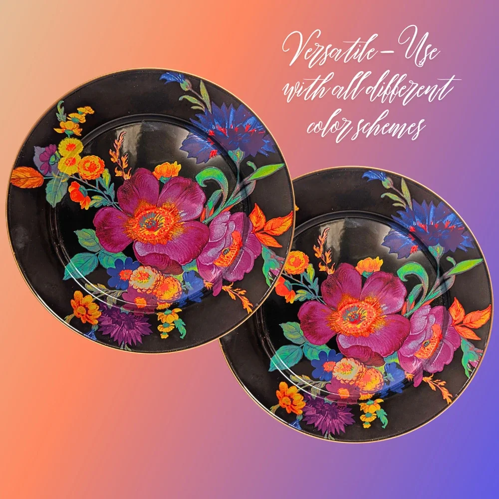 MacKenzie Childs Black Flower Market Enamel Charger Plates 12 inch, Set of 4